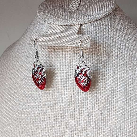 Silver and Red Anatomical Heart Earrings - Picture 3 of 6